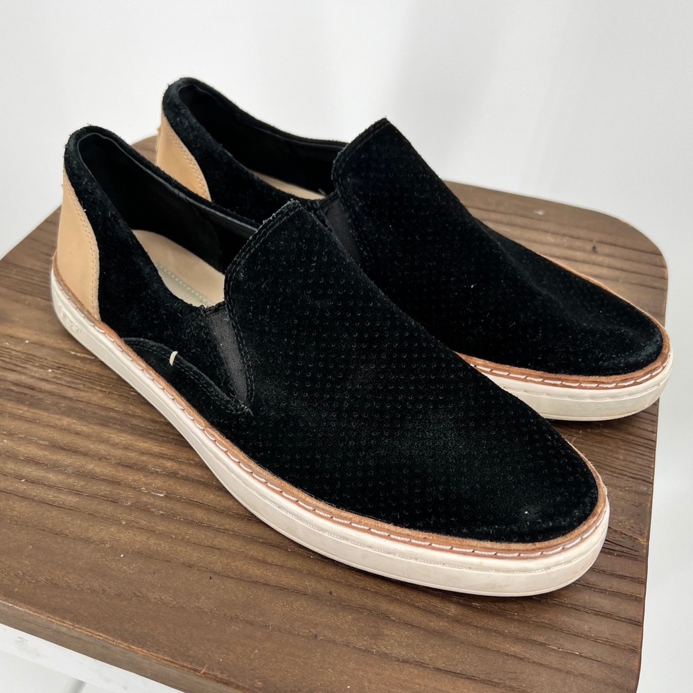 UGG Adley Black Tan Perforated Suede Slip On Sneakers Tan Leather Heel Loafers 7